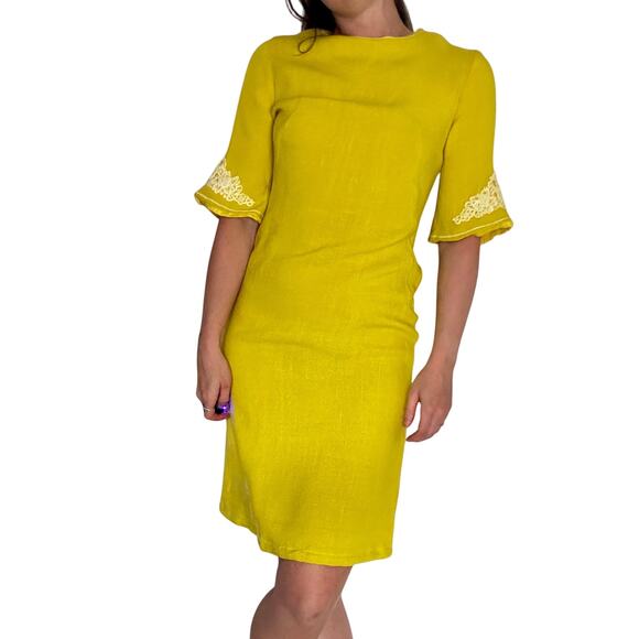 Vintage 1960s Lime Green Shift Dress Stacy Ames Lace Trim Linen Metal Zipper - Picture 3 of 12